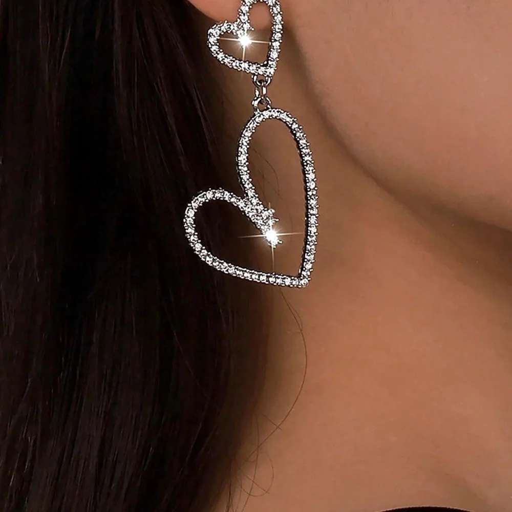 Double Heart Rhinestone Drop Earrings Sparkle Bling Fashion Earrings - Picture 2 of 3
